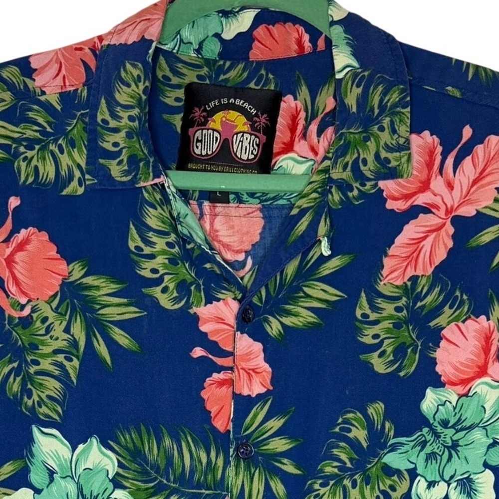 Drill Clothing Co Good Vibes Shirt Mens Large Blue Floral Tropical Hibiscus